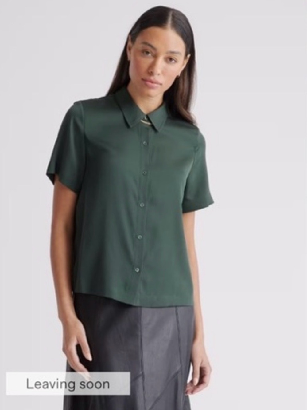 Quince Short-Sleeve Button-Down Shirt in Olive Dark Green Size M Washable Silk
